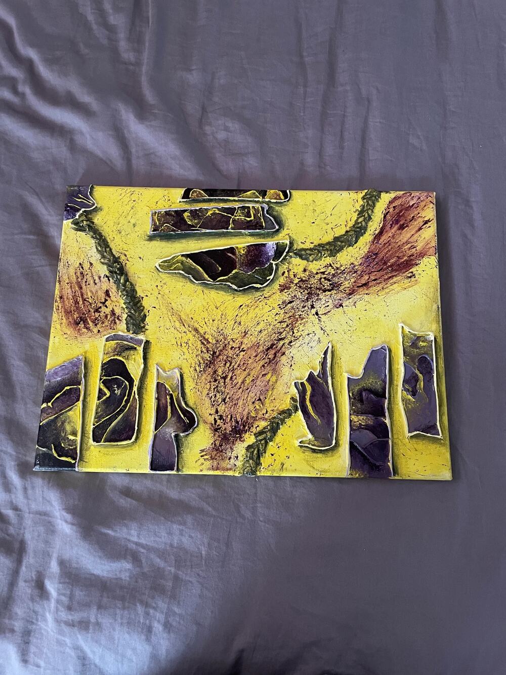 Abstract Yellow & Purple Acrylic Canvas Painting – Hand Painted 16×12"